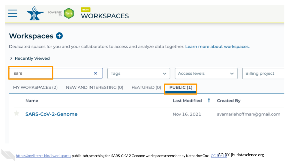 Screenshot of Terra Workspaces page with the "PUBLIC" tab selected. The "PUBLIC" tab and search box are highlighted.  The the user has typed in the term "sars". A Workspace related to SARS appears in the results.