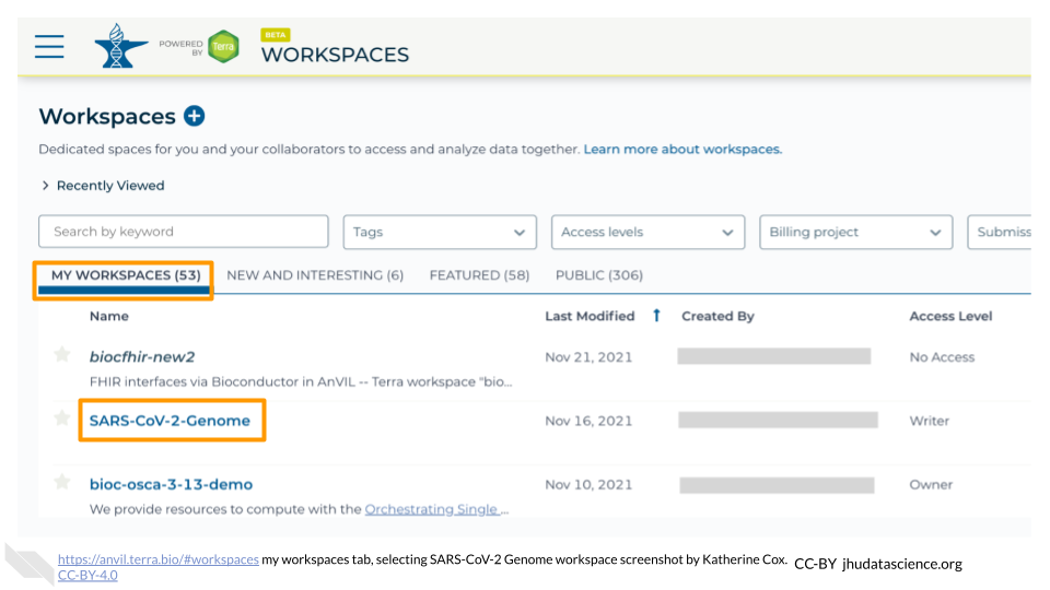 Screenshot of Terra Workspaces page with the "MY WORKSPACES" tab selected. The "MY WORKSPACES" tab and a Workspace name are highlighted.