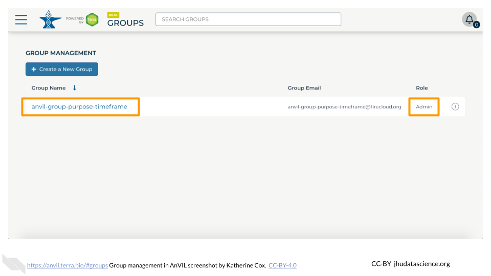 Screenshot of the Terra Groups page.  The Group Name and Role are highlighted.