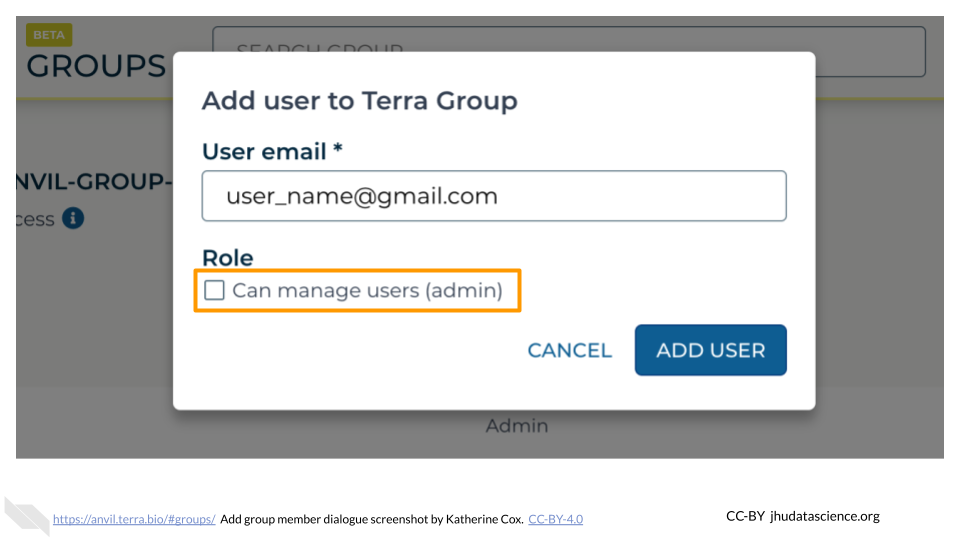 Screenshot of the dialog box for adding Terra Group members. The checkbox labeled "Can manage members (admin)" is highlighted.