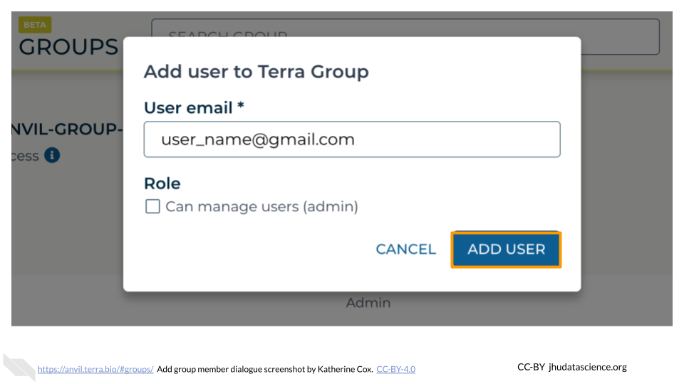 Screenshot of the dialog box for adding Terra Group members. The button labeled "ADD USER" is highlighted.