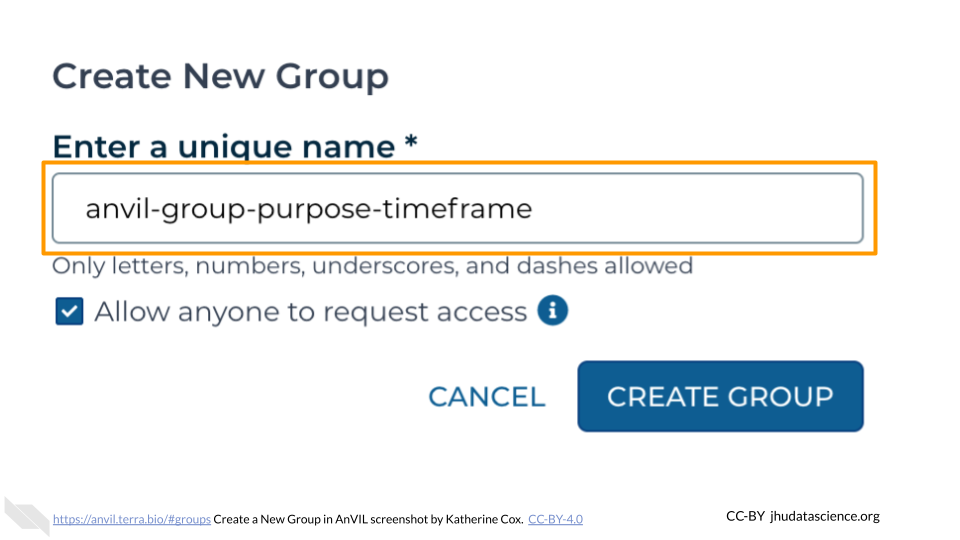 Screenshot of the Terra Group page with Create New Group pop out box. The textbox is highlighted and has been filled in with the Group name.
