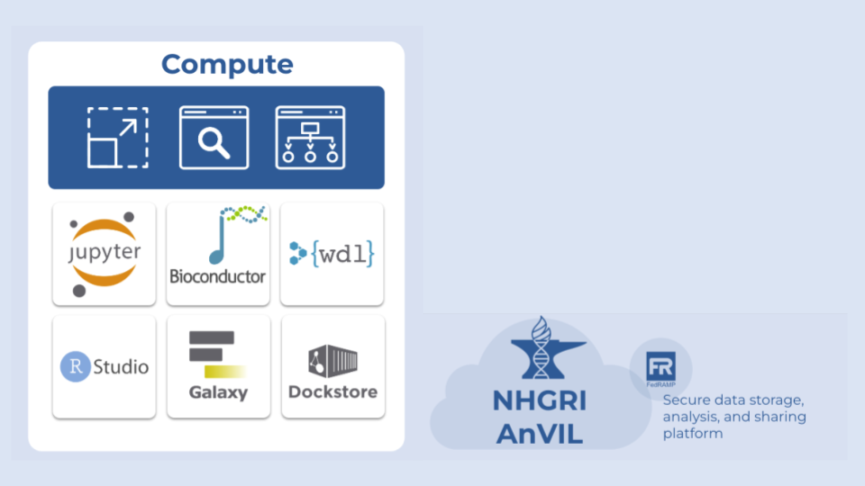 There are a variety of available analysis frameworks and tools available on the AnVIL, each with interoperability such that data and results in your workspace can be passed from tool to tool. Analysis solutions are available for interactive work or non-interactive batch processing (e.g., with WDL workflows).