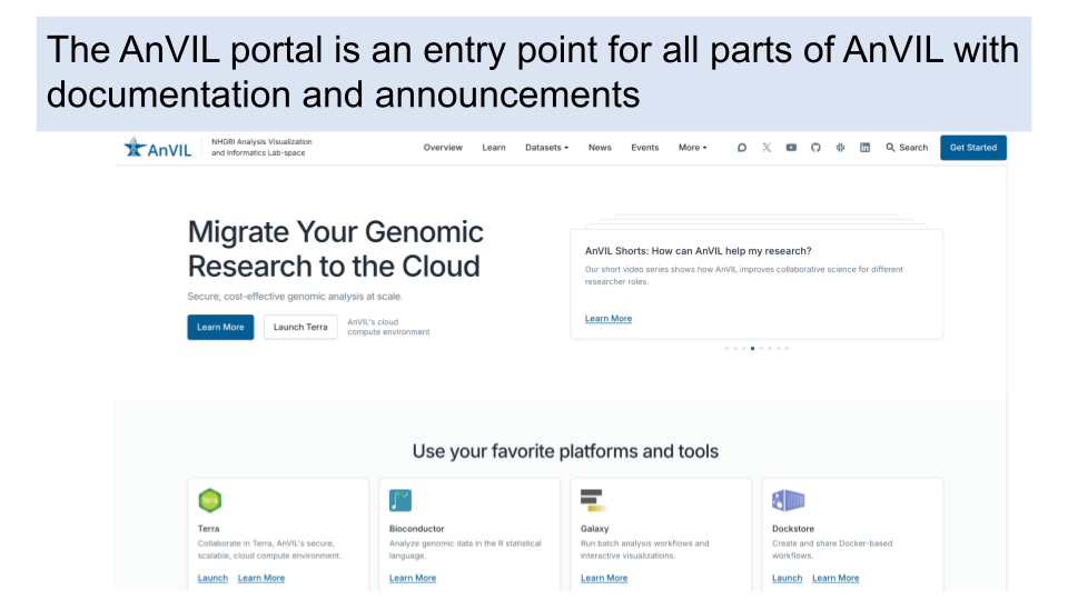 The AnVIL portal is an entry point for all parts of AnVIL, allowing visitors to launch Terra to work on AnVIL, as well as access important announcements or documentation.