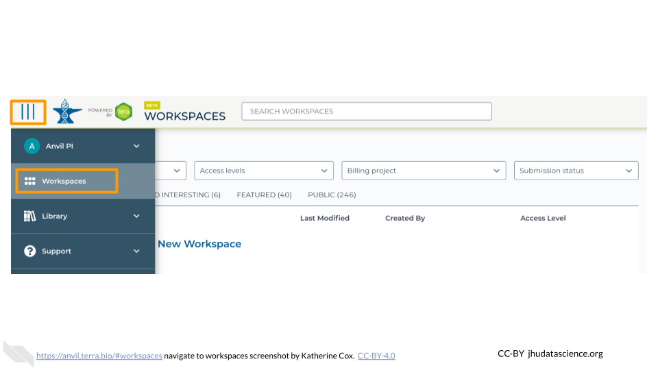 Screenshot of Terra drop-down menu. The "hamburger" button to extend the drop-down menu is highlighted, and the menu item "Workspaces" is highlighted.