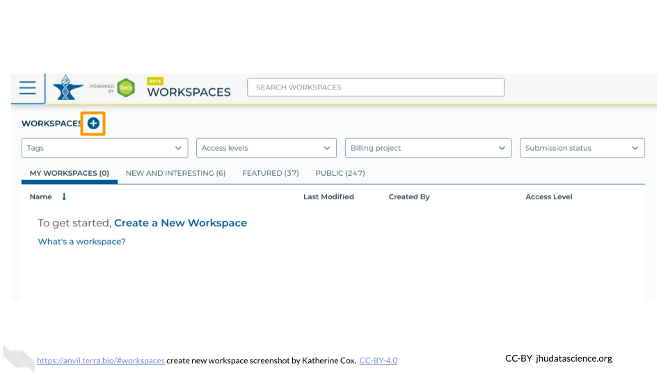Screenshot of Terra Workspaces page. The "+" is highlighted.