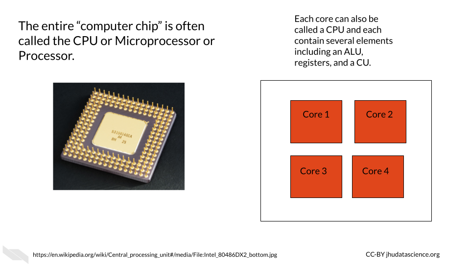 A computer chip is also sometimes called the CPU. Inside this CPU or chip  are often multiple cores.