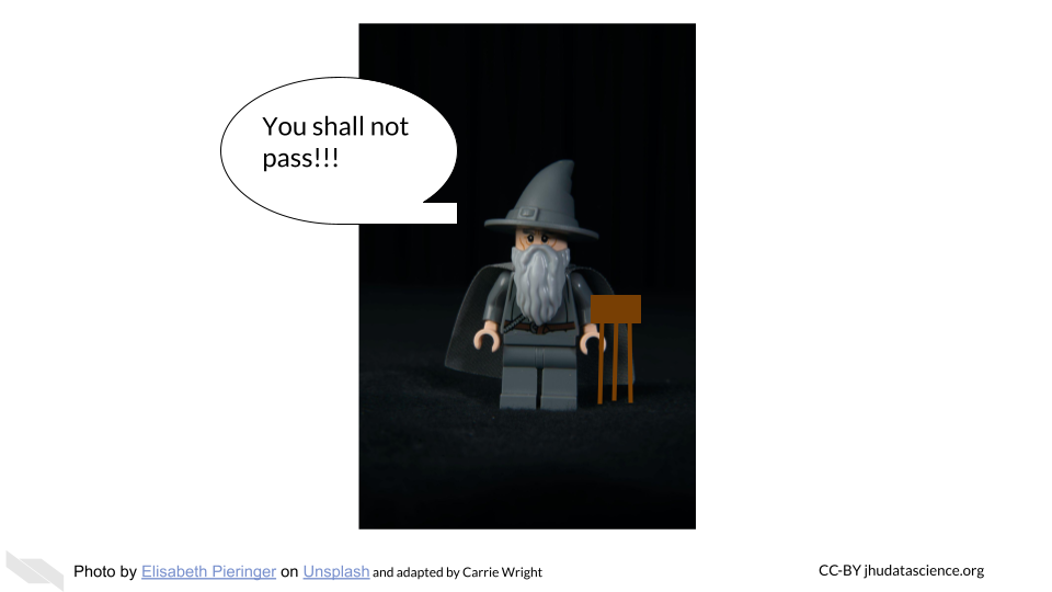Comic: Galdolf lego character from the Lord of the Rings saying: You shall not pass! (He is holding a large transistor.)