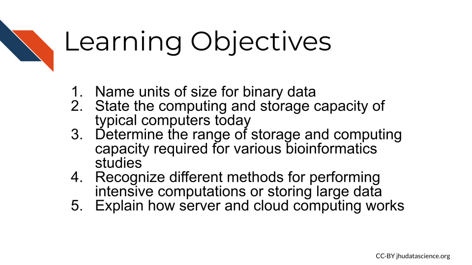 Learning Objectives: 1. Name units of size for binary data, 2. State the computing and storage capacity of typical computers today, 3. Determine the range of storage and computing capacity required for various bioinformatics studies, 4. Recognize different methods for performing intensive computations or storing large data, 5. Explain how server and cloud computing works