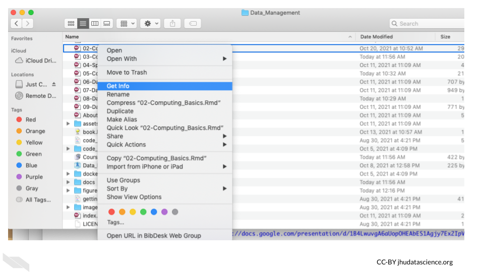 Right clicking on a file in the finder window can give you more info about a file.