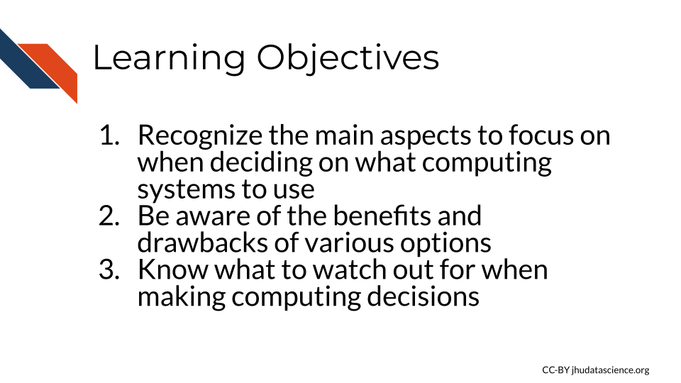 Learning Objectives: 1. Recognize the main aspects to focus on when deciding on what computing systems to use. 2. Be aware of the benefits and drawbacks of various options. 3. Know what to watch out for in computing decisions.