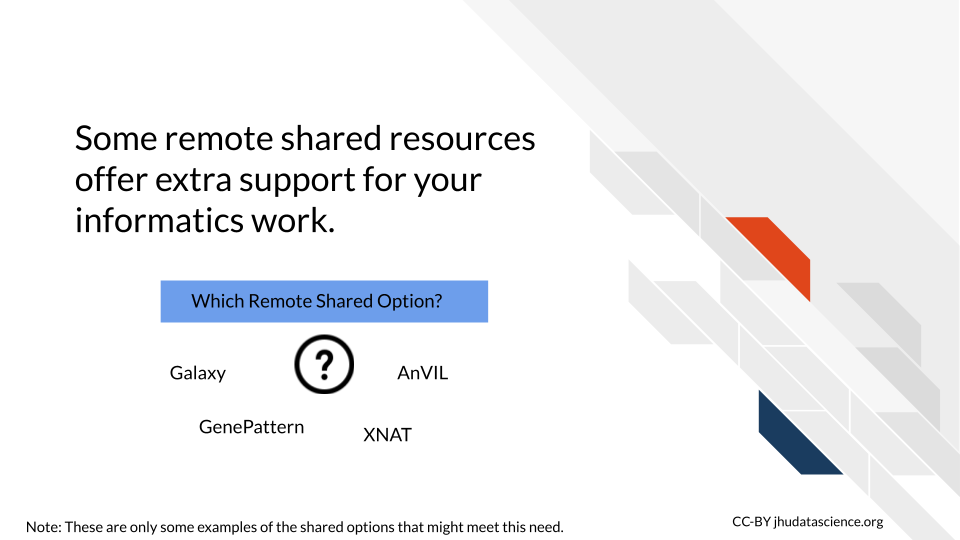 Some remote shared resources offer extra support for your informatics work. This can be important to pay attention to when considering which remote shared option to choose. Galaxy, AnVIL, GenePattern, and XNAT are examples of platforms that provide extra guidance.