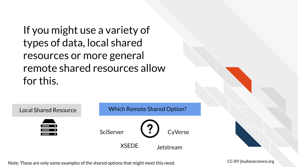 If you might use a variety of types of data, local shared resources or more general remote shared resources allow for this. This can be important to pay attention to when considering which shared resource option to choose. SciServer, CyVerse, XSEDE and Jetstream are examples of platforms that provide allow for storage and usage of multiple types of data.