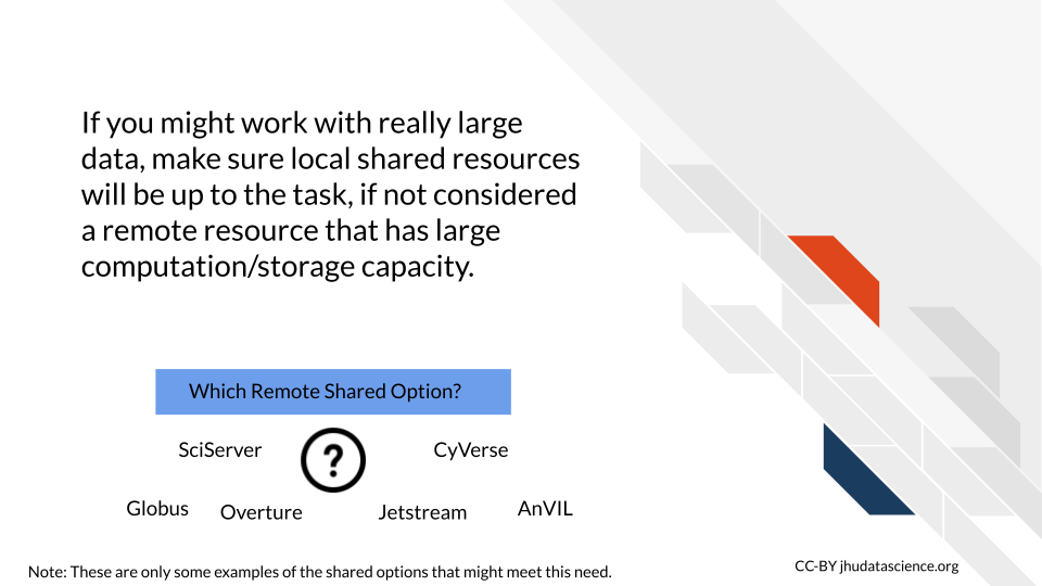 If you might work with really large data, make sure local shared resources will be up to the task, if not considered a remote resource that has large computation/storage capacity. Remote options like SciServer, CyVerse, Globus, Overture, and Jetstream can be helpful for using really large data.