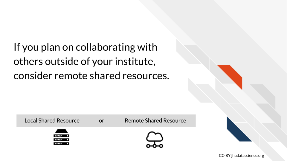 If you plan on collaborating outside of your institute, consider remote shared resources.