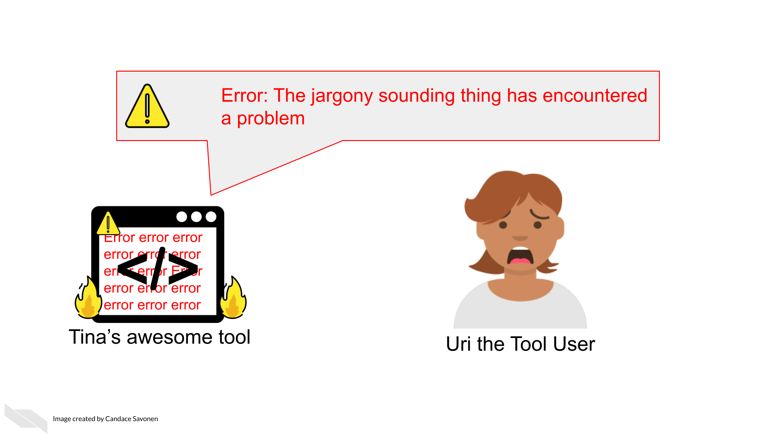 Tina’s awesome tool says unintelligible warning, Error: The jargony sounding thing has encountered a problem and is on fire with the word error written all over it. Uri the Tool User is distressed and confused.