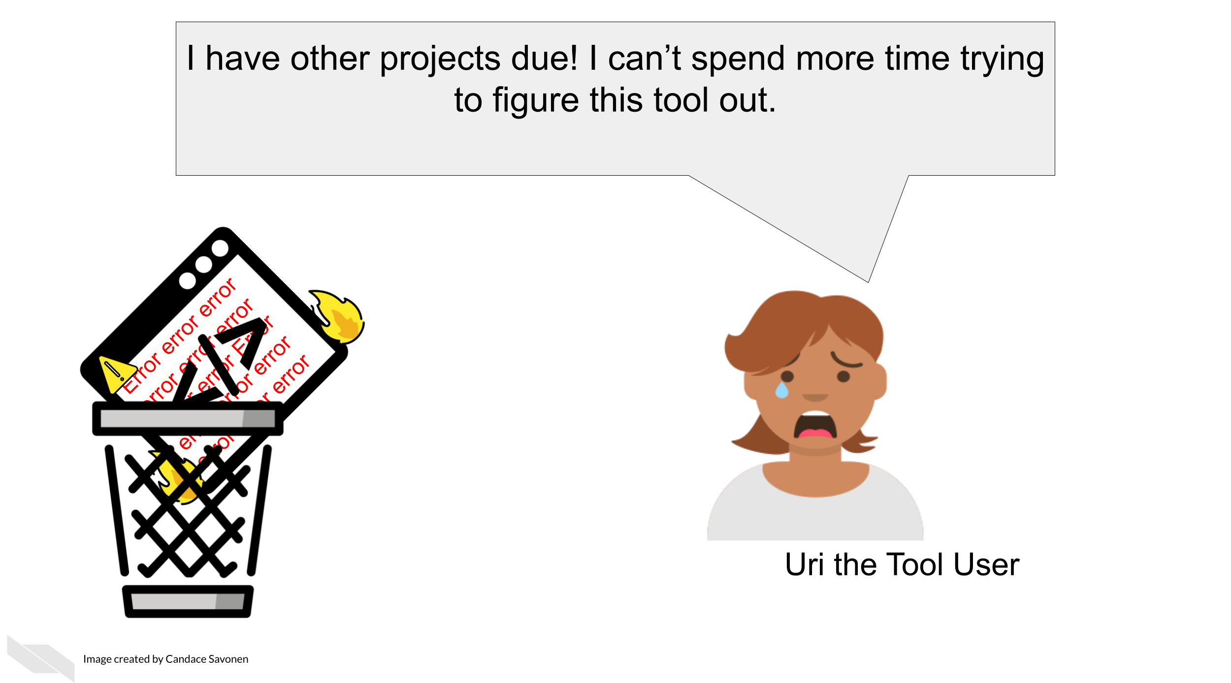 Uri the Tool User says I have other projects due! I can’t spend more time trying to figure this tool out. Tina’s awesome tool is still on fire with errors written all over it but has been thrown in a wastebasket by Uri the Tool User. There is no documentation to help Uri the Tool user figure out how to use Tina’s awesome tool. Uri the Tool User is even more distressed and has a tear in their eye from frustration. 