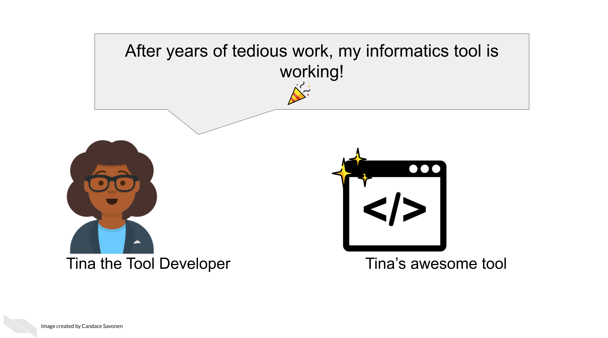 Tina the Tool Developer says, After years of tedious work my informatics tool is working!. Tina’s awesome tool is a sparkling brand new.