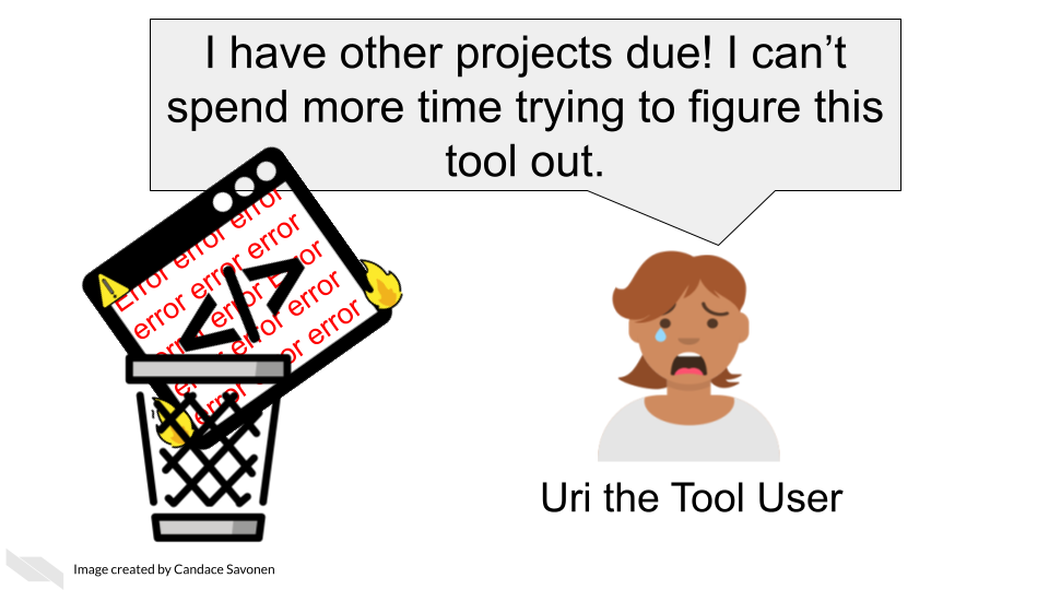 Uri the Tool User says I have other projects due! I can’t spend more time trying to figure this tool out. Tina’s awesome tool is still on fire with errors written all over it but has been thrown in a wastebasket by Uri the Tool User. There is no documentation to help Uri the Tool user figure out how to use Tina’s awesome tool. Uri the Tool User is even more distressed and has a tear in their eye from frustration. 
