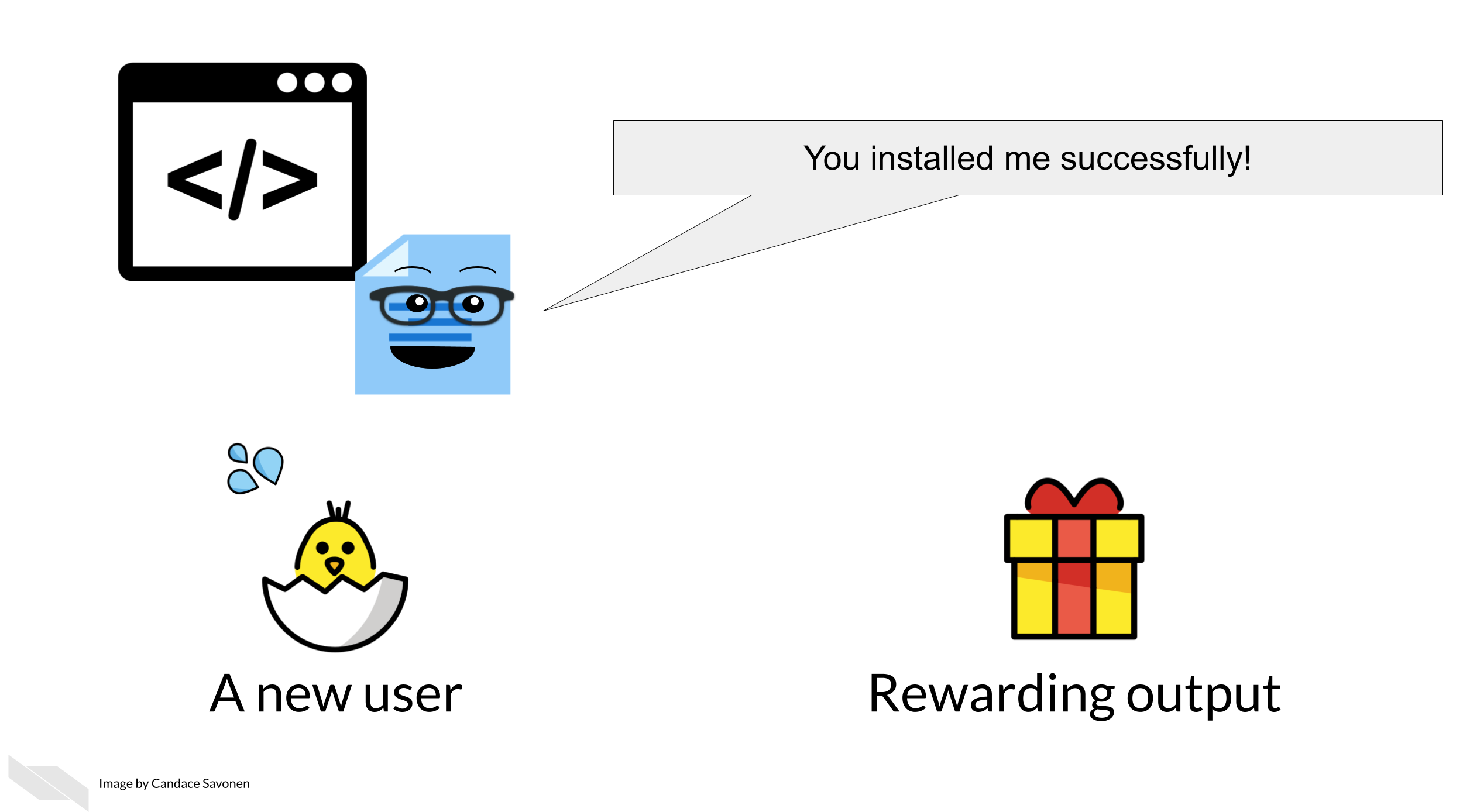 The software tool says 'you installed me successfully'. The new user, represented by a baby chick is rewarded with some rewarding output, represented as a gift.