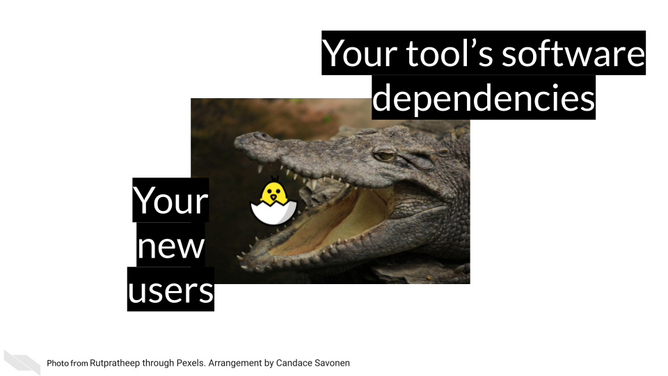 Your new users are represented as a baby chick emoji who is surrounded by a photo of an alligator labeled with your tool’s software dependencies. Software dependencies and other installation problems can easily overwhelm new users.