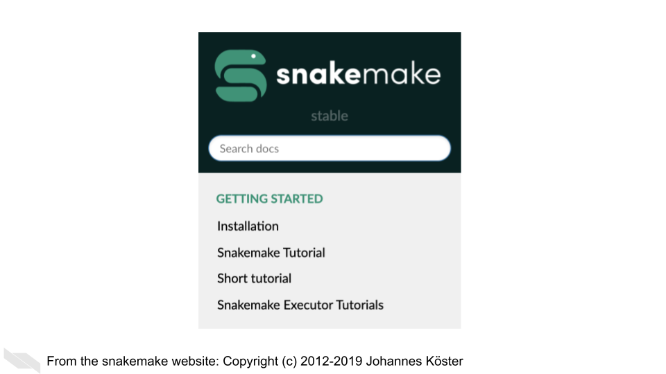 Here is a screenshot of snakemake’s documentation. It shows the sidebar which has installation, a tutorial, and another short tutorial.