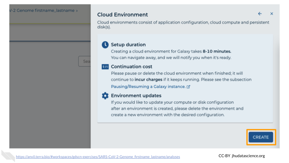 The CREATE button among cloud environments has been highlighted.