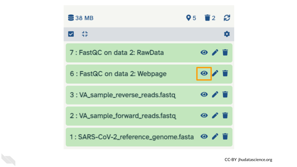 Screenshot of the Galaxy history pane. The eye icon beside the FastQC results data is highlighted.