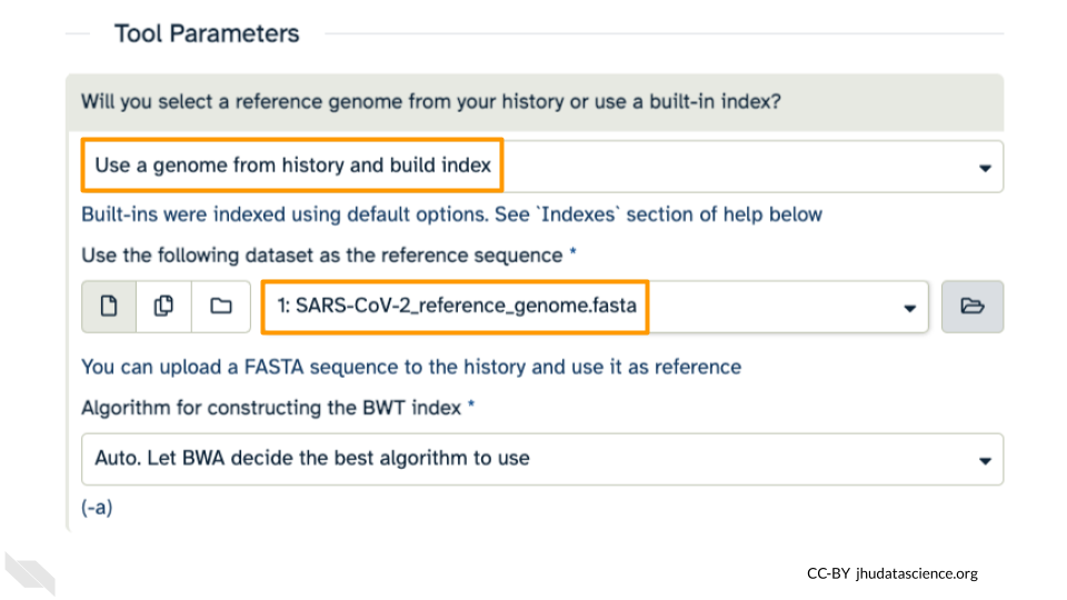 Screenshot of the BWA-MEM tool options. The "Use a genome from history and build index" is selected and the reference fasta file has been selected from the drop down menu. Both of these are highlighted.