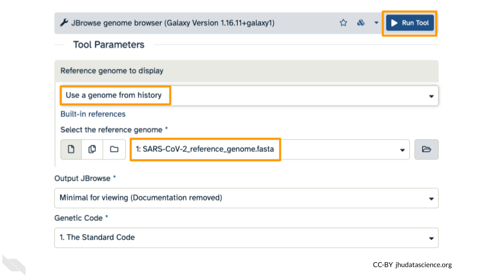 Screenshot of the JBrowse options in Galaxy. The following have been highlighted: reference genome to display option (set to "Use a genome from history"), reference genome (set to "SARS-CoV-2_reference_genome.fasta"), and the "Run Tool" button.