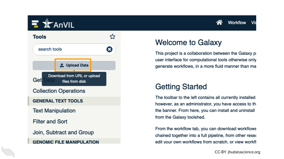 Screenshot of the Galaxy homepage. The Upload Data link has been highlighted.