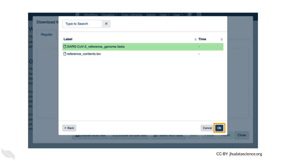 Screenshot of the Galaxy Data upload page. The reference genome fasta file is highlighted in green. The "OK" button has been highlighted.