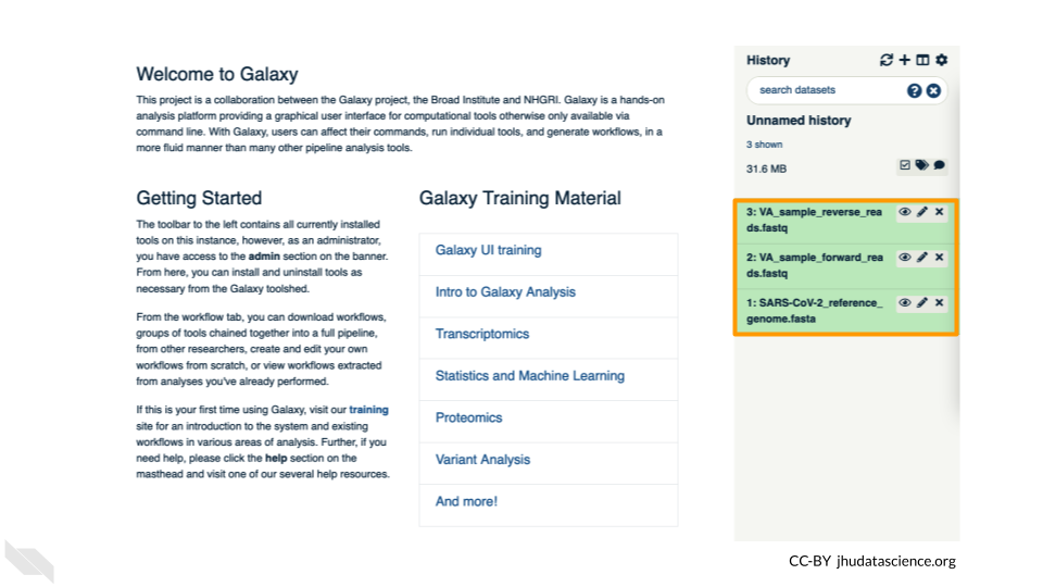 Screenshot of the Galaxy homepage. The successfully uploaded files are boxed in green color and have been highlighted.