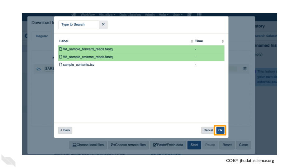 Screenshot of the Galaxy Data upload page. The sample files, including forward and reverse read files, are highlighted in green. The "OK" button has been highlighted.