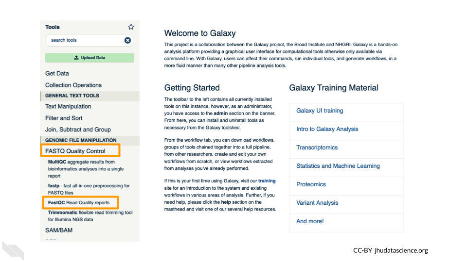 Screenshot of the Galaxy Tools pane, where FASTQ Quality Control and FastQC Read Quality Reports links are highlighted.