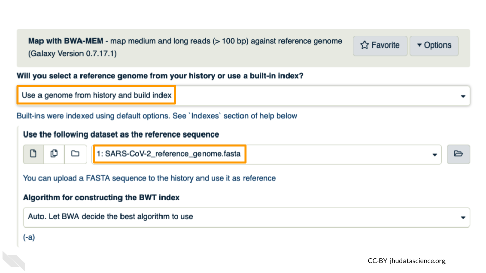 Screenshot of the BWA-MEM tool options. The "Use a genome from history and build index" is selected and the reference fasta file has been selected from the drop down menu. Both of these are highlighted.