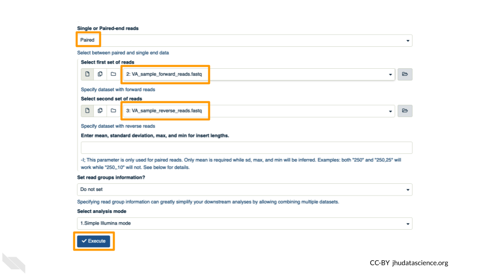 Screenshot of the BWA-MEM tool options. The following selections are highlighted: choice of single or paired-end reads (set to "Paired"), first set of reads (set to "VA_sample_forward_reads.fastq"), second set of reads (set to "VA_sample_reverse_reads.fastq"), and the "Execute" button.