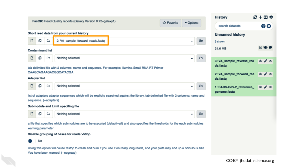 Screenshot of the FastQC option pane. VA_sample_forward_reads.fastq has been selected in the dropdown menu for read data.