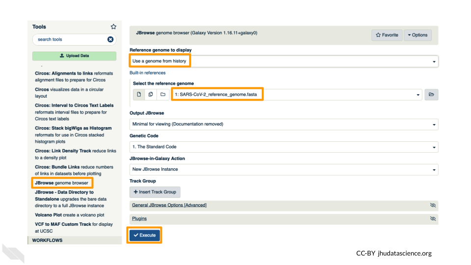 Screenshot of the JBrowse options in Galaxy. The JBrowse menu link is highlighted in the Tools pane. The following have also been highlighted: reference genome to display option (set to "Use a genome from history"), reference genome (set to "SARS-CoV-2_reference_genome.fasta"), and the "Execute" button.