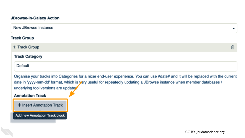 Screenshot of JBrowse options. The “+ Insert Annotation Track” button is highlighted.