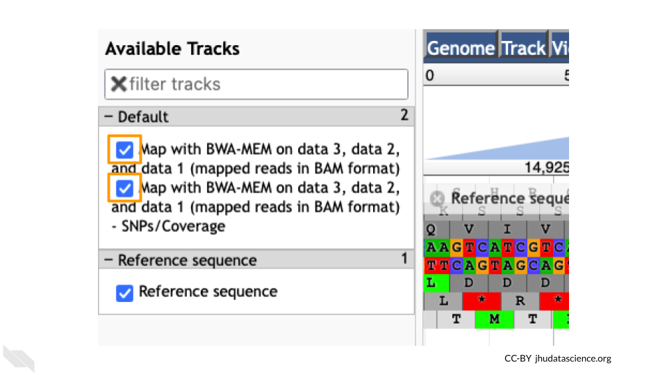 Screenshot of JBrowse viewer. The Available Tracks sidebar is shown, with both sample data boxes checked.