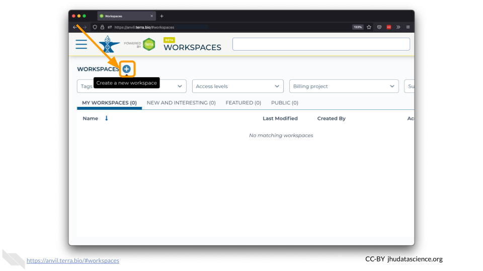 Screenshot of Terra Workspaces page. The "+" is highlighted.