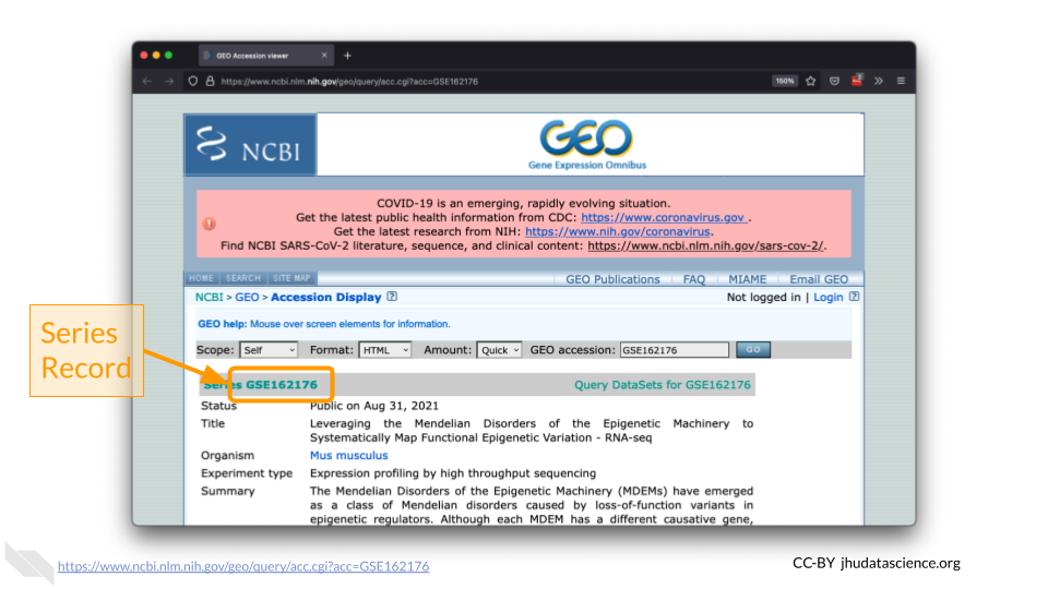 Screenshot of the GEO accession page corresponding to the dataset we are looking for. The Series record number is highlighted.