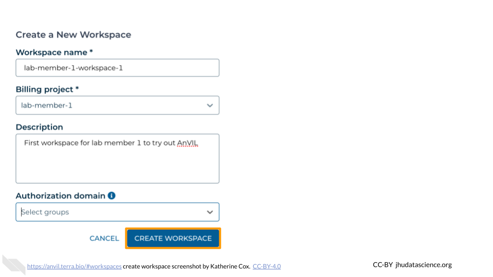 Screenshot of Terra dialog box for creating a new Workspace.  The "Create Workspace" button is highlighted.