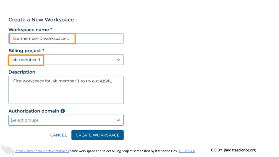 Screenshot of Terra dialog box for creating a new Workspace.  The text box labeled "Workspace name" and the drop-down menu labeled "Billing project" are highlighted.
