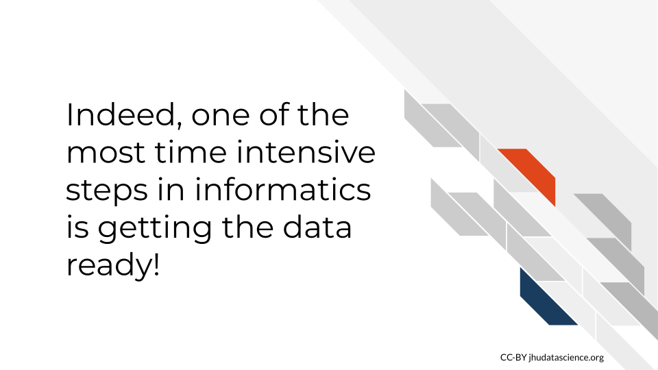 Indeed, one of the most time intensive steps in informatics is getting the data ready!