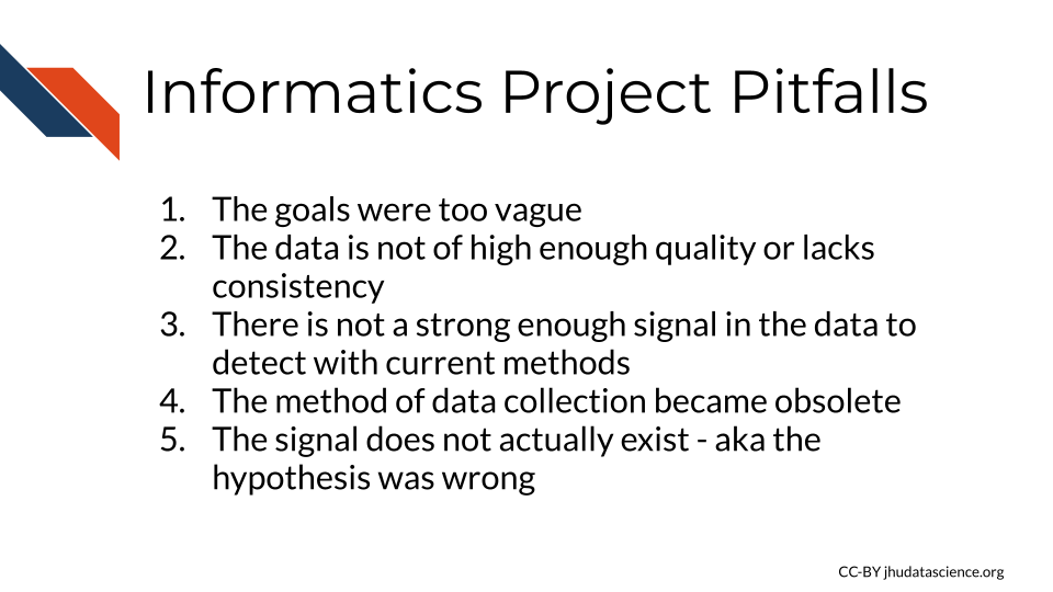  Informatics Project Pitfalls: 1) The goals were too vague 2) The data is not of high enough quality or lacks consistency 3) There is not a strong enough signal in the data to detect with current methods 4) The method of data collection became obsolete 5)The signal does not actually exist - aka the hypothesis was wrong