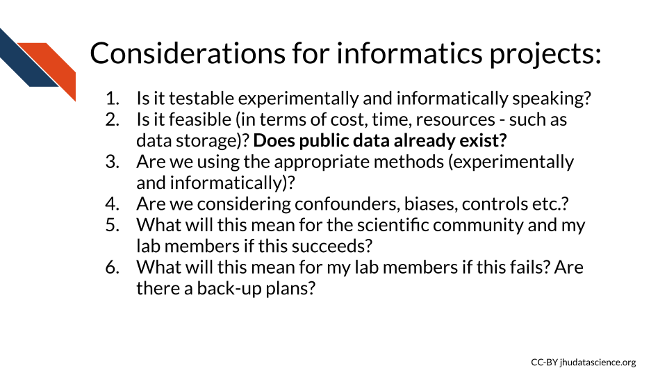  Considerations for informatics questions: 1) Is it testable experimentally and informatically speaking? 2) Is it feasible (in terms of cost, time, resources - such as data storage)? Does public data already exist? 3) Are we using the appropriate methods (experimentally and informatically)? 4) Are we considering confounders, biases, controls etc.? 5) What will this mean for the scientific community and my lab members if this succeeds? 6) What will this mean for my lab members if this fails? Are there a back-up plans?