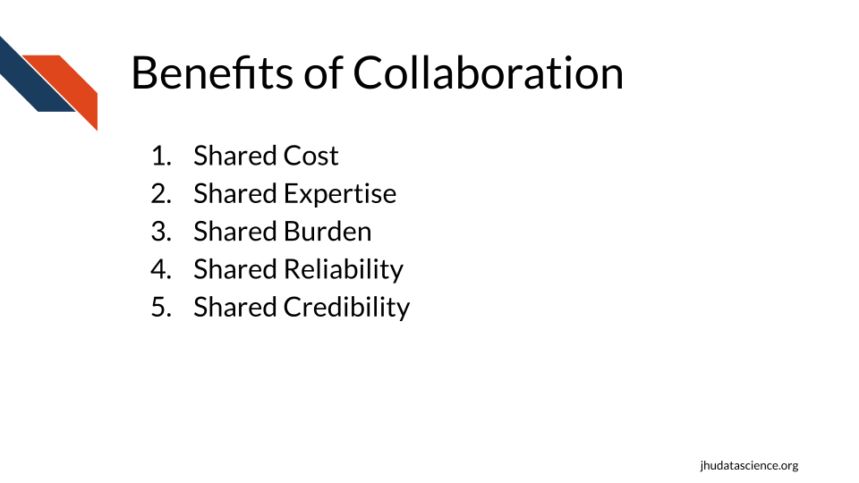  Benefits of collaboration are: shared cost, shared expertise, shared burden, shared reliability, and shared credibility