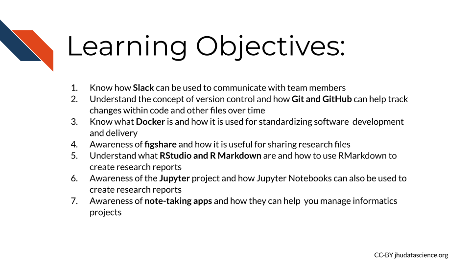 Learning Objectives: 1. Know how Slack can be used to communicate with team members. 2. Understanding of the concept of version control and how Git and GitHub can help track changes within code and other files over time. 3. Know what Docker is and how it is used for standardizing software  development and delivery. 4. Awareness of figshare and how it is useful for sharing research files. 5. Understand what RStudio and R Markdown are and how to use RMarkdown to create research reports. 6. Awareness of the Jupyter project and how Jupyter Notebooks can also be used to create research reports.